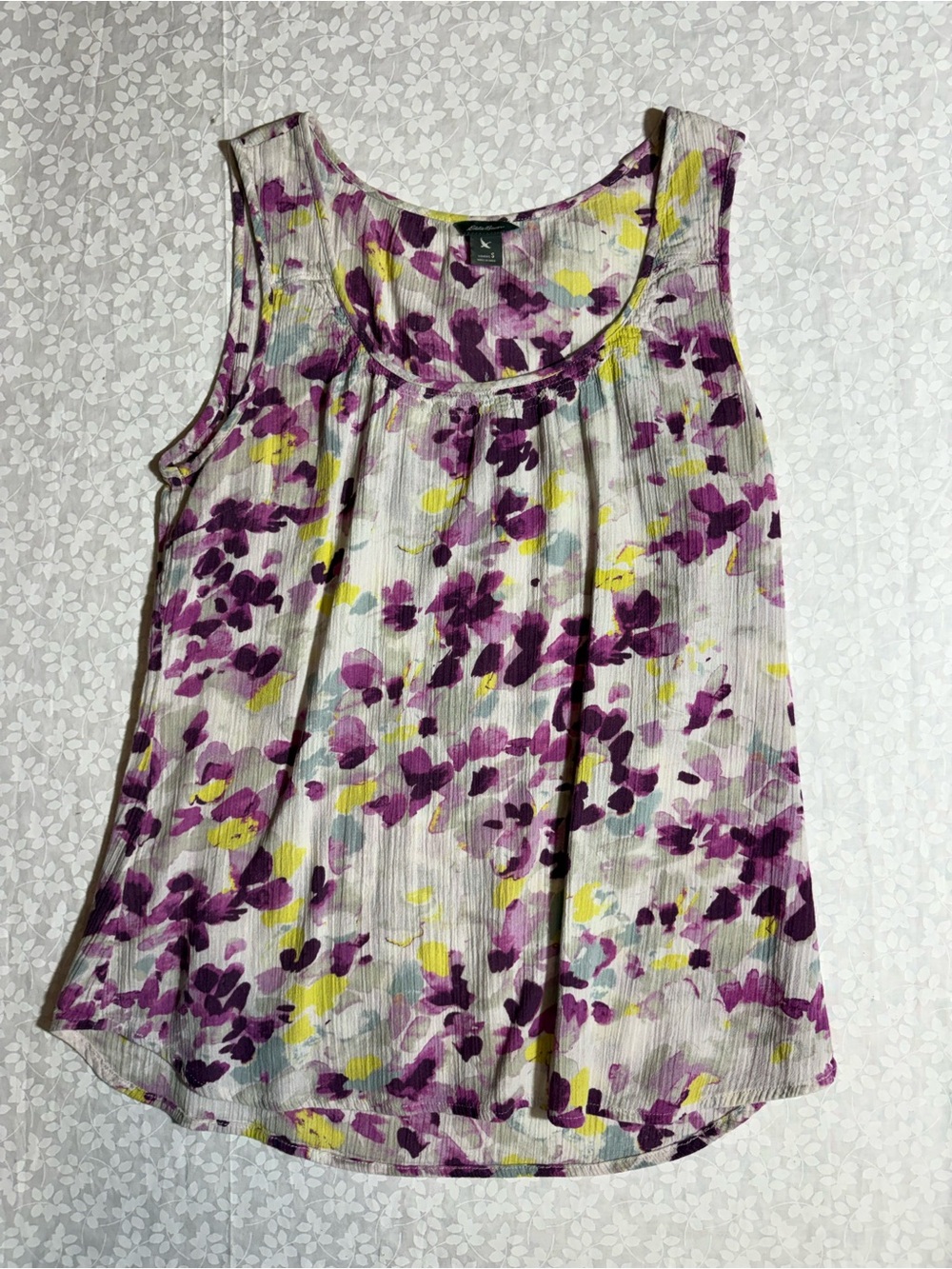 Eddie Bauer Sleeveless Floral Scoop Tank in Purple, Yellow and Light Gray